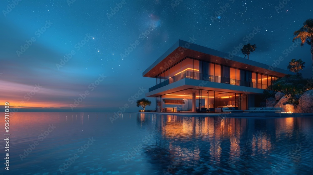 Obraz premium Luxurious modern seaside villa at night - generative ai