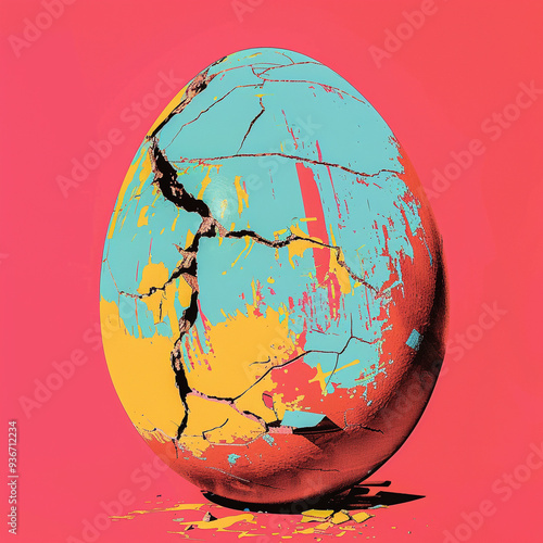 Vibrant cracked egg artwork with striking colors and textures on a bold red background, symbolizing creativity and breaking boundaries.