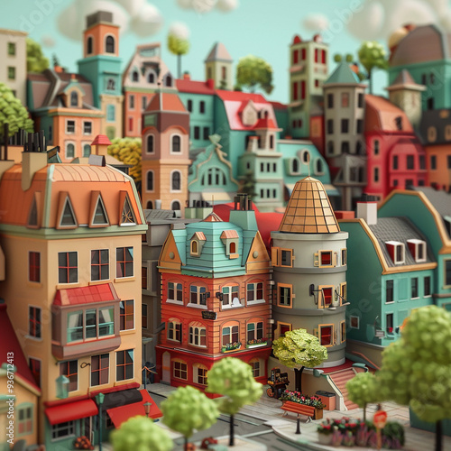 Whimsical, colorful cartoon-style cityscape with vibrant buildings and lush greenery, capturing an enchanting urban scene.