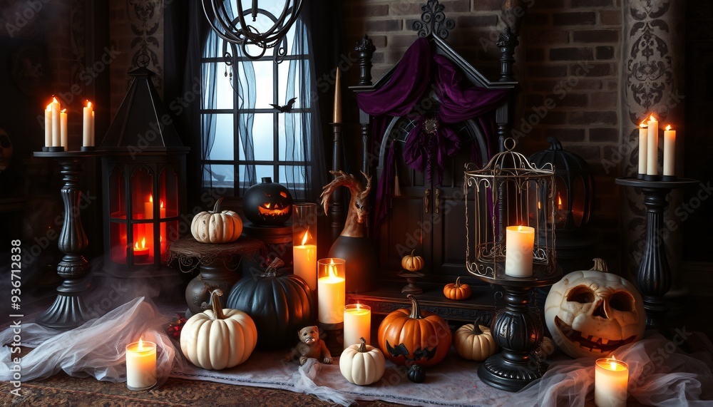 Obraz premium Spooky Halloween decor with carved pumpkins, candles, and a birdcage on a dark, rustic background.