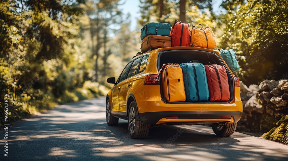 Obraz premium Bright Sunlight Illuminating Packed Car with Colorful Luggage on Sunny Day - Travel Concept with Copy Space