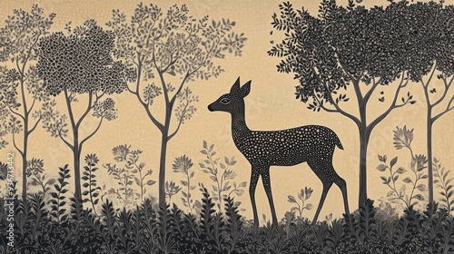 Elegant monochromatic Gond folk art from India depicting serene deer in a forest