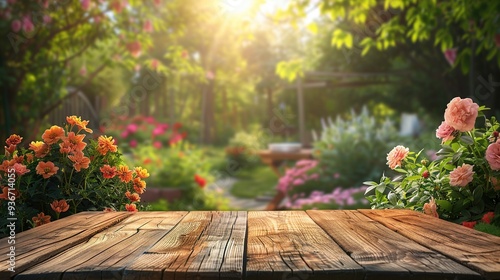 Wooden table top with bbq party in the background, flowers in the foregound  photo