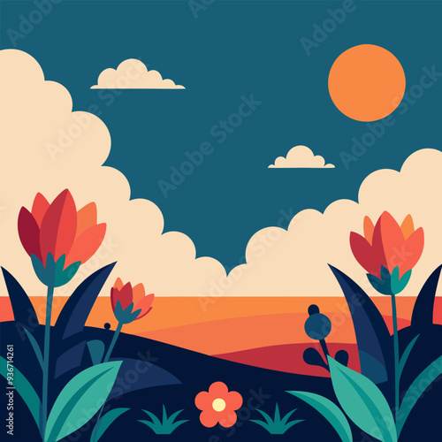 a beautiful flowers in a flower bed and clouds and sun, vector illustration flat 2 photo