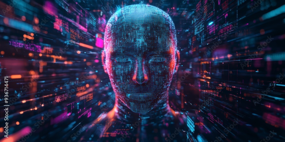 A holographic AI face surrounded by vibrant data streams, symbolizing the power of AI in technology and business A holographic AI face surrounded by vibrant data streams, symbolizing the power of AI in technology and business