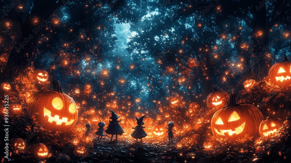 Enchanted forest filled with glowing pumpkins and children - generative ai Enchanted forest filled with glowing pumpkins and children - generative ai