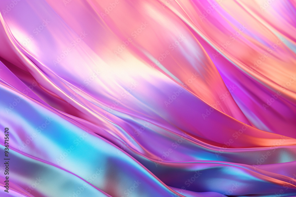 Obraz premium Dynamic 3d abstract drape background. Neon gloss waves resembling curtain, deep folds texture with calming metallic iridescent effect. Beautiful wavy silk, dark creases structure