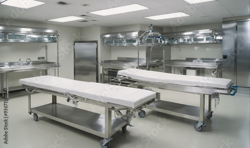 Two stainless steel autopsy tables sit in a sterile room, ready for use