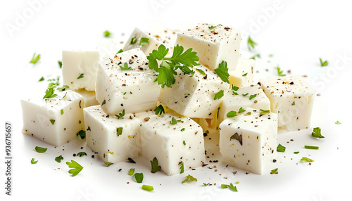 Falling greek feta cubes with herbs and spices, diced soft cheese isolated on white background