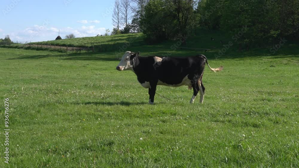Black and white cow graze on the farm Black and white cow graze on the farm