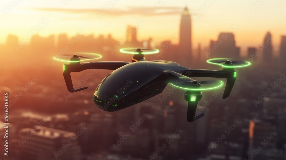 Drone flying over a city at sunset Drone flying over a city at sunset