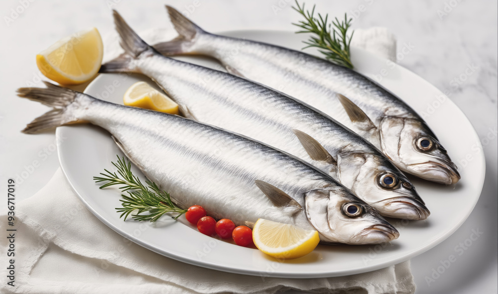 Three fresh fish are arranged on a white plate with lemons and rosemary Three fresh fish are arranged on a white plate with lemons and rosemary