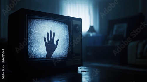 A retro television set displays an eerie hand silhouette, casting an unsettling glow in a dark, mysterious room. The image evokes a chilling horror atmosphere. photo