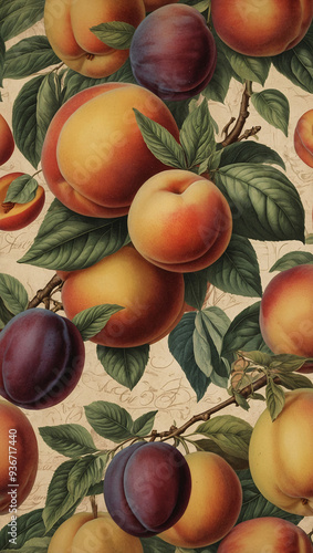 wallpaper with vintage-style illustrations of various fruits like peaches, pears, and plums