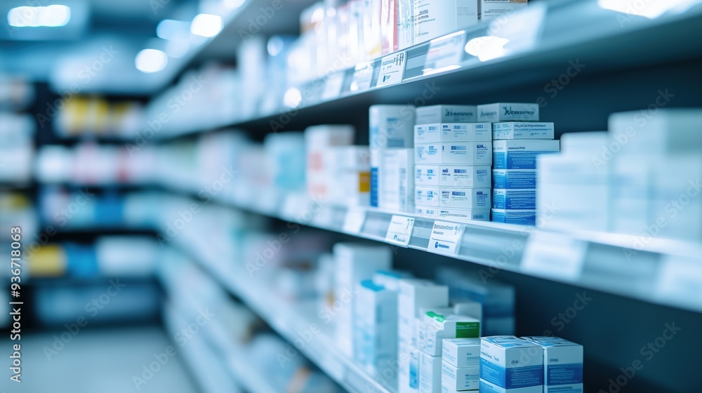 Blurred perspective of a pharmacy store with rows of medicine bottles on shelves, creating a concept of healthcare, pharmacist, and medication. Blurred perspective of a pharmacy store with rows of medicine bottles on shelves, creating a concept of healthcare, pharmacist, and medication.