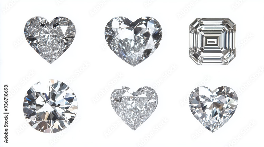 A collection of diamonds in different cuts : round, heart, square, and emerald, isolated on a white background. A collection of diamonds in different cuts : round, heart, square, and emerald, isolated on a white background.