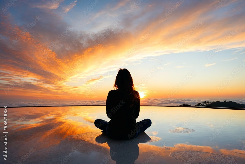 A woman sits on a beach watching the sunset A woman sits on a beach watching the sunset