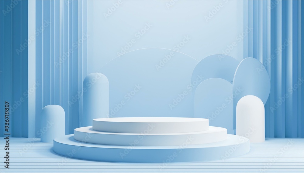 Minimal podium scene with abstract background in pastel blue and white. Trendy 3D rendering for social media banners and product presentations. Geometric shapes in interior. Minimal podium scene with abstract background in pastel blue and white. Trendy 3D rendering for social media banners and product presentations. Geometric shapes in interior.