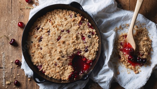 Skillet of golden crumble with cherries and blue sprinkles, syrup bottle beside it, on a rustic wooden table covered with a white cloth photo