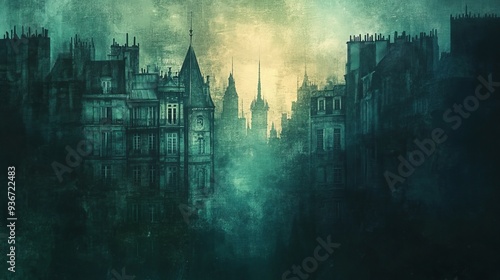 Silhouette of a city skyline with gothic architecture in a greenish misty atmosphere