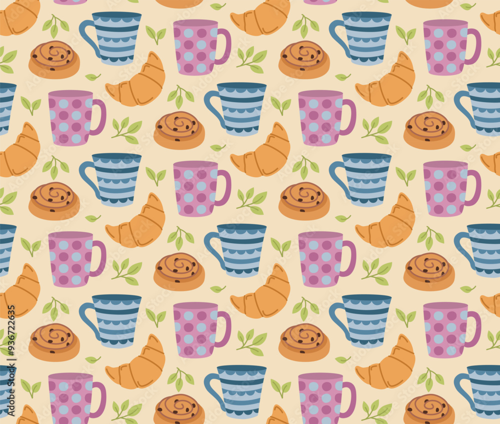 Seamless pattern with cups, croissants, buns and leaves. Vector colorful background with pastries and drinks in flat style Seamless pattern with cups, croissants, buns and leaves. Vector colorful background with pastries and drinks in flat style