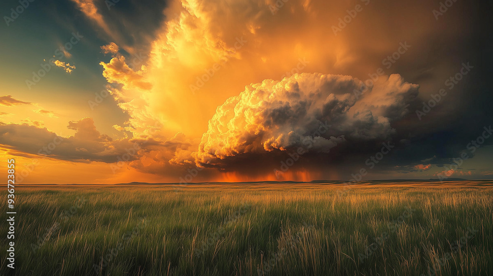 Fototapeta premium Intensywna chmura burzowa kłębi się nad szeroką łąką, a zachodzące słońce maluje niebo w złocistych odcieniach.