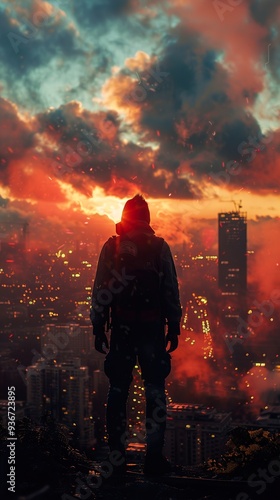 Silhouette of a Man Against a Dramatic Sunset Cityscape