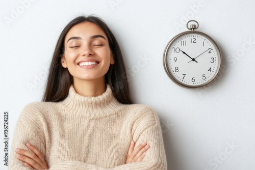 Relaxed Woman in Cozy Sweater Smiling with Eyes Closed Next to Wall Clock Showing 10 AM photo