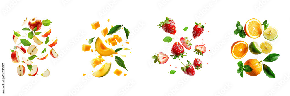 Set of different fruits half slices falling or floating in the air with green leaves isolated on a transparent background Set of different fruits half slices falling or floating in the air with green leaves isolated on a transparent background