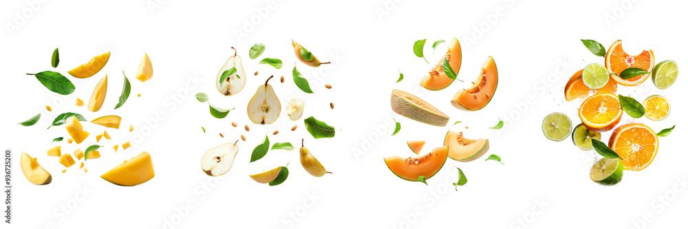 Set of different fruits half slices falling or floating in the air with green leaves isolated on a transparent background Set of different fruits half slices falling or floating in the air with green leaves isolated on a transparent background