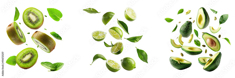 Set of different fruits half slices falling or floating in the air with green leaves isolated on a transparent background Set of different fruits half slices falling or floating in the air with green leaves isolated on a transparent background
