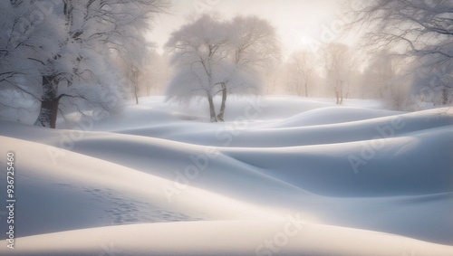 Snowy landscape with undulating drifts, blurred trees, and falling snowflakes, conveying a tranquil winter mood