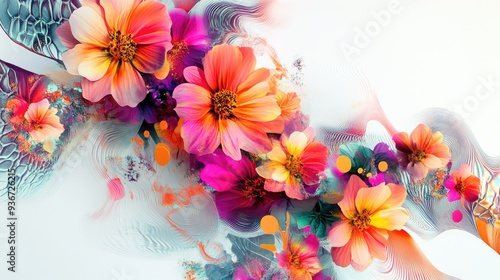 Abstract digital art piece composed of vibrant flowers, forming intricate patterns on a clean white background, bright and colorful