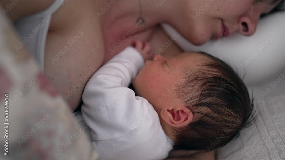 Close-up of newborn sleeping on mother's chest, the gentle bond and intimacy between mother and child, emphasizing love, care, and connection, calm and serene moment Close-up of newborn sleeping on mother's chest, the gentle bond and intimacy between mother and child, emphasizing love, care, and connection, calm and serene moment