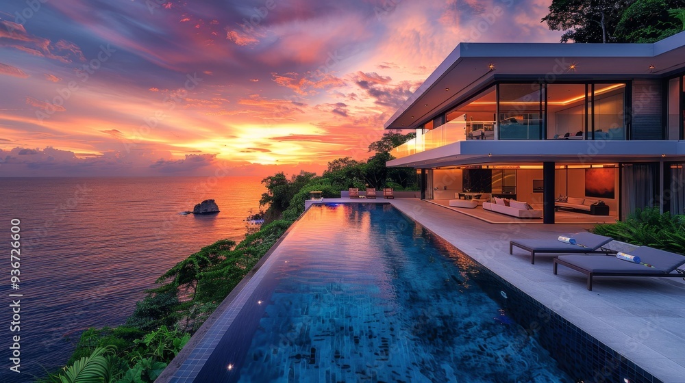Fototapeta premium Luxury villa with infinity pool at sunset - generative ai