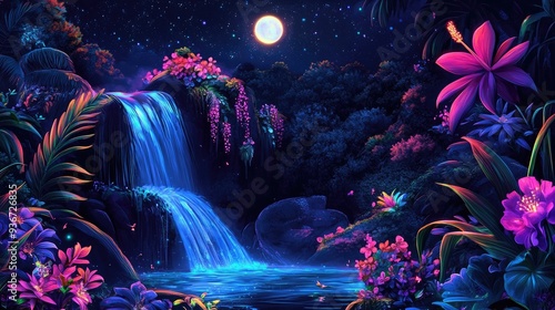 Black background with neon plants, flowers, a cascading waterfall, and a radiant moon shining above
