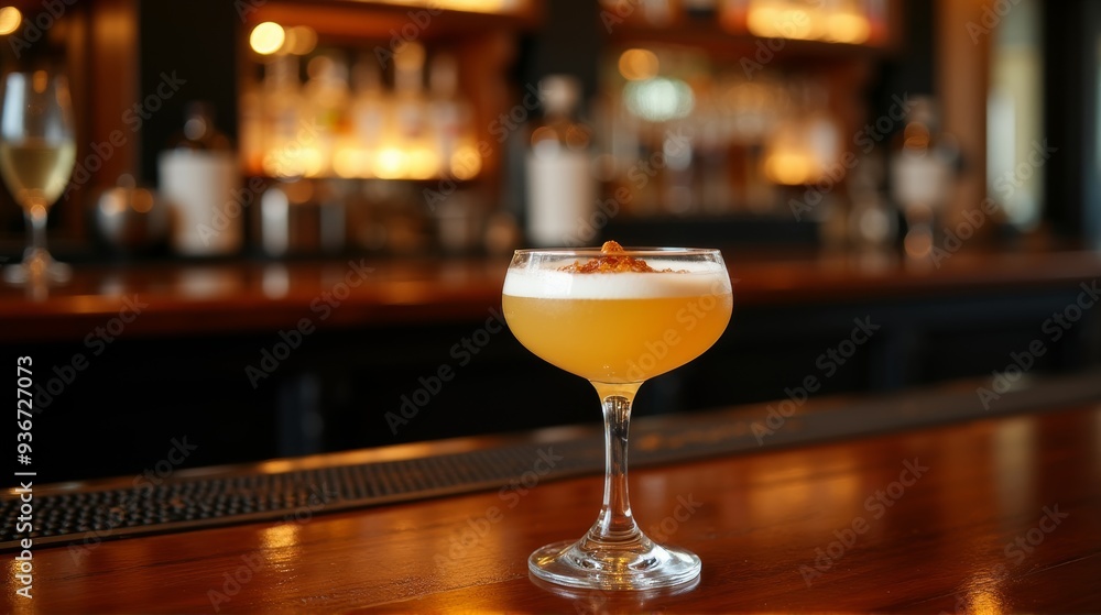 A perfectly crafted Pisco Sour with a frothy top, garnished with a mint leaf and a sprinkle of cinnamon, resting on a polished wooden bar in an intimate, dimly lit lounge. A perfectly crafted Pisco Sour with a frothy top, garnished with a mint leaf and a sprinkle of cinnamon, resting on a polished wooden bar in an intimate, dimly lit lounge.