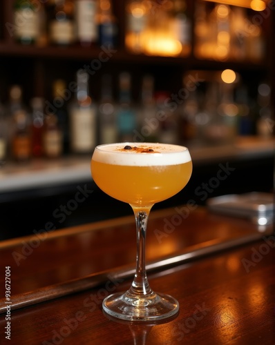 A perfectly crafted Pisco Sour with a frothy top, garnished with a mint leaf and a sprinkle of cinnamon, resting on a polished wooden bar in an intimate, dimly lit lounge.