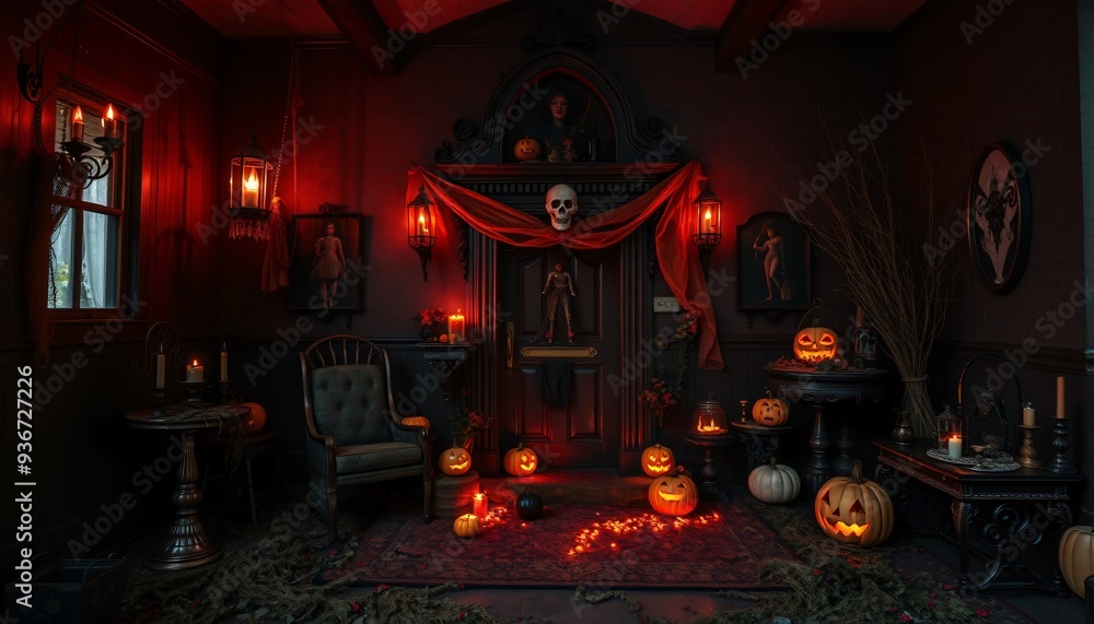 Spooky Halloween interior with candles, pumpkins, and a dark wooden door. Spooky Halloween interior with candles, pumpkins, and a dark wooden door.