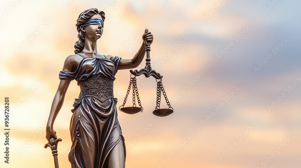 The Lady Justice statue against a sunset, symbolizing the hope of fairness, Lady Justice, sunset, fairness The Lady Justice statue against a sunset, symbolizing the hope of fairness, Lady Justice, sunset, fairness