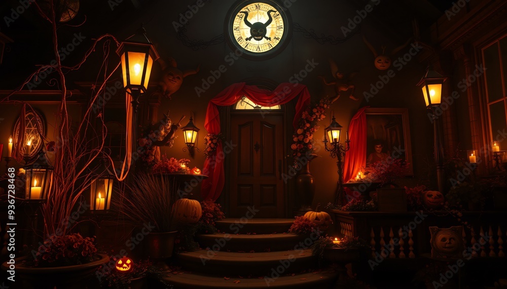 Spooky Halloween porch with glowing lanterns, jack-o-lanterns, and red drapes. Spooky Halloween porch with glowing lanterns, jack-o-lanterns, and red drapes.