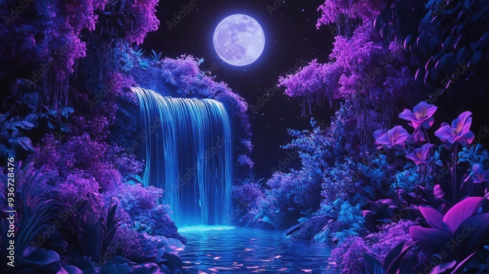 Fototapeta premium Neon-lit plants and flowers glowing on a black background, with a serene waterfall and a radiant moon shining