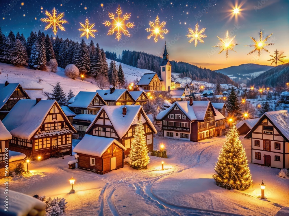 Sparkling snowflakes fall gently on a quaint village in the Ore Mountains, illuminated by traditional Christmas lights, creating a magical winter wonderland scene at dusk. Sparkling snowflakes fall gently on a quaint village in the Ore Mountains, illuminated by traditional Christmas lights, creating a magical winter wonderland scene at dusk.