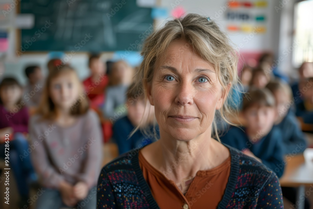 portrait of a school teacher with blurred classroom background portrait of a school teacher with blurred classroom background