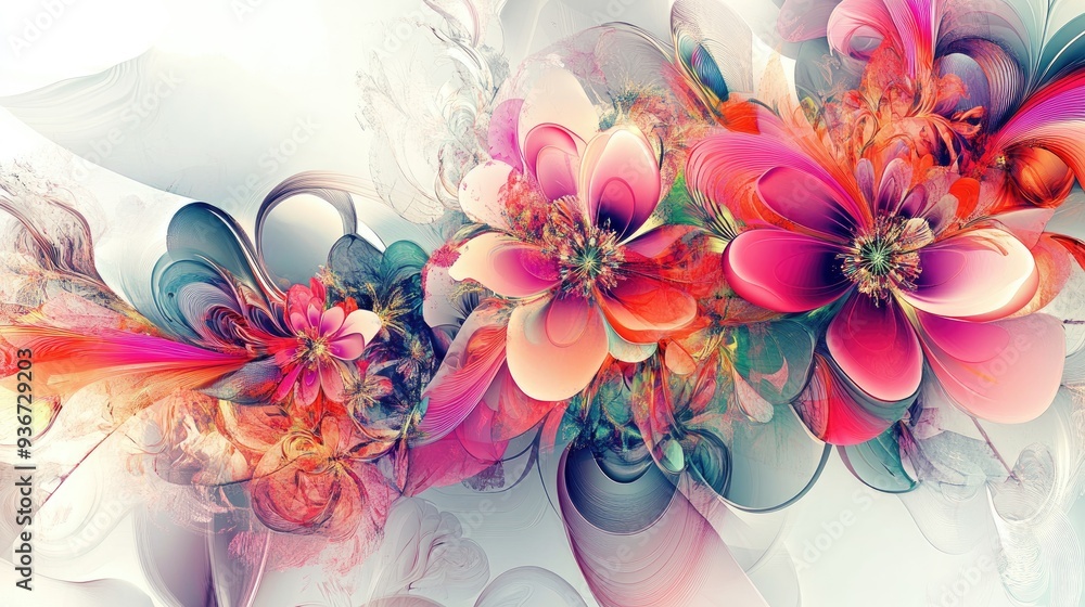 Obraz premium Intricate digital art featuring vibrant flowers in abstract patterns, vivid colors on a clean white background