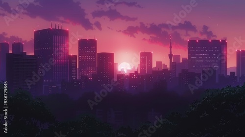 The sunset casts a warm glow as an anime-style skyscraper stands tall amidst the city, blending realism and imagination