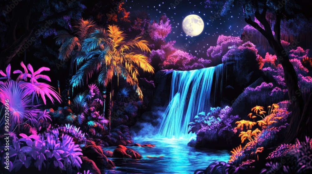 Vibrant neon flora on a black background, featuring a beautiful waterfall and a luminous moon shining above Vibrant neon flora on a black background, featuring a beautiful waterfall and a luminous moon shining above