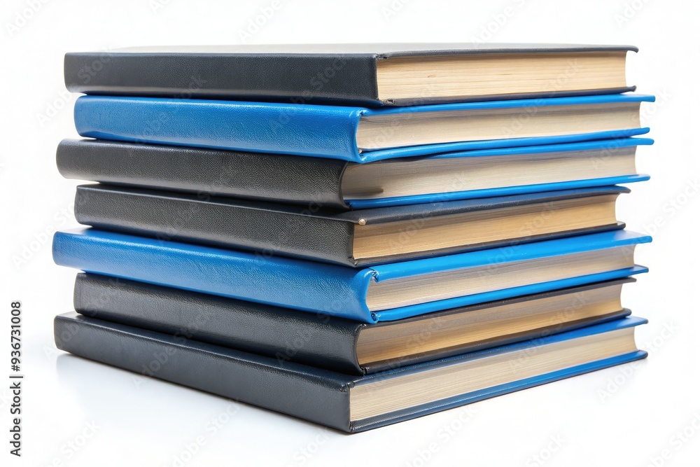 Stack of blue and black hardcover books arranged horizontally on a clean white background, creating a striking visual contrast and a sense of literary simplicity. Stack of blue and black hardcover books arranged horizontally on a clean white background, creating a striking visual contrast and a sense of literary simplicity.