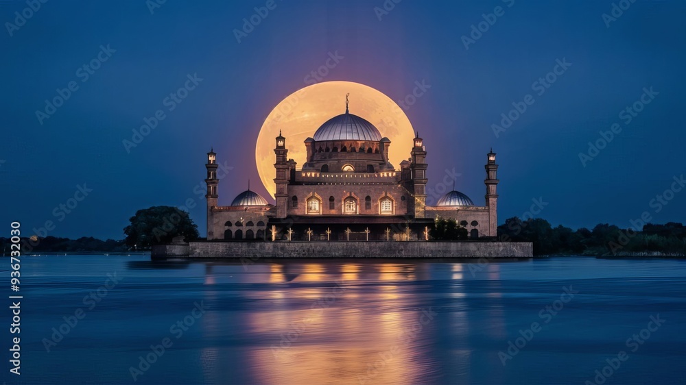 Obraz premium A crescent moon in the night sky above a mosque background image generative ai