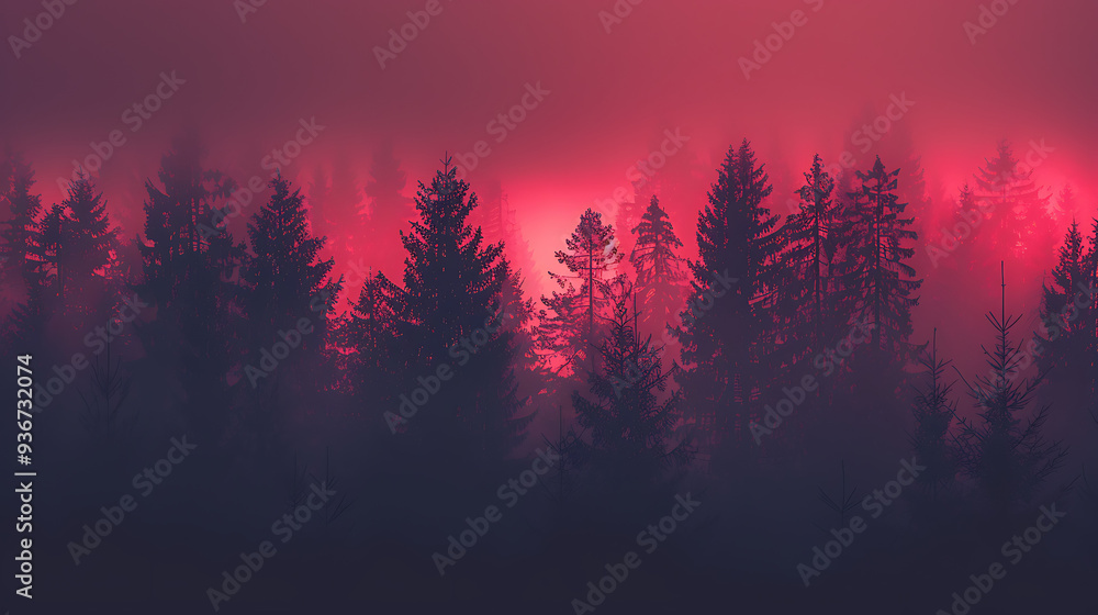 Mysterious Forest at Dawn with Fiery Red Sky Mysterious Forest at Dawn with Fiery Red Sky